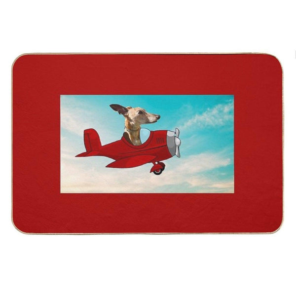 Red Background Flying Whippet Bath Mat