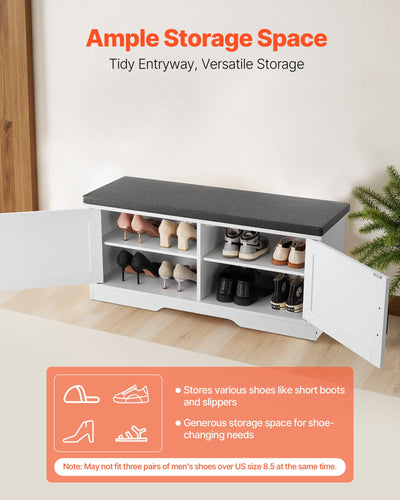 Shoe Storage Bench, 39.4 X 14.0 X 18.1 Inch Shoe Organizer With Padded Seat Cushion, Entryway Bench With 2 Barn Doors And Height Adjustable Shelf, For Hallway, Living Room, Bedroom, White + Black