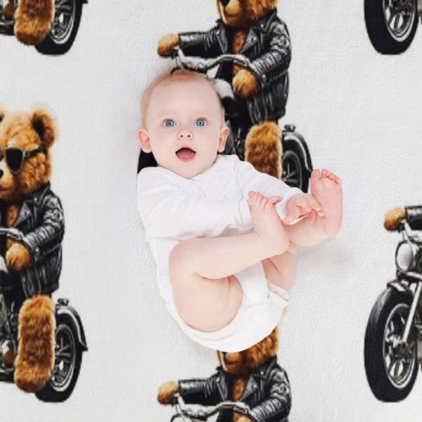 Cool Biker Teddy Bear on Motorcycle - Fun And Cute Plush Design Durable Throw Blanket