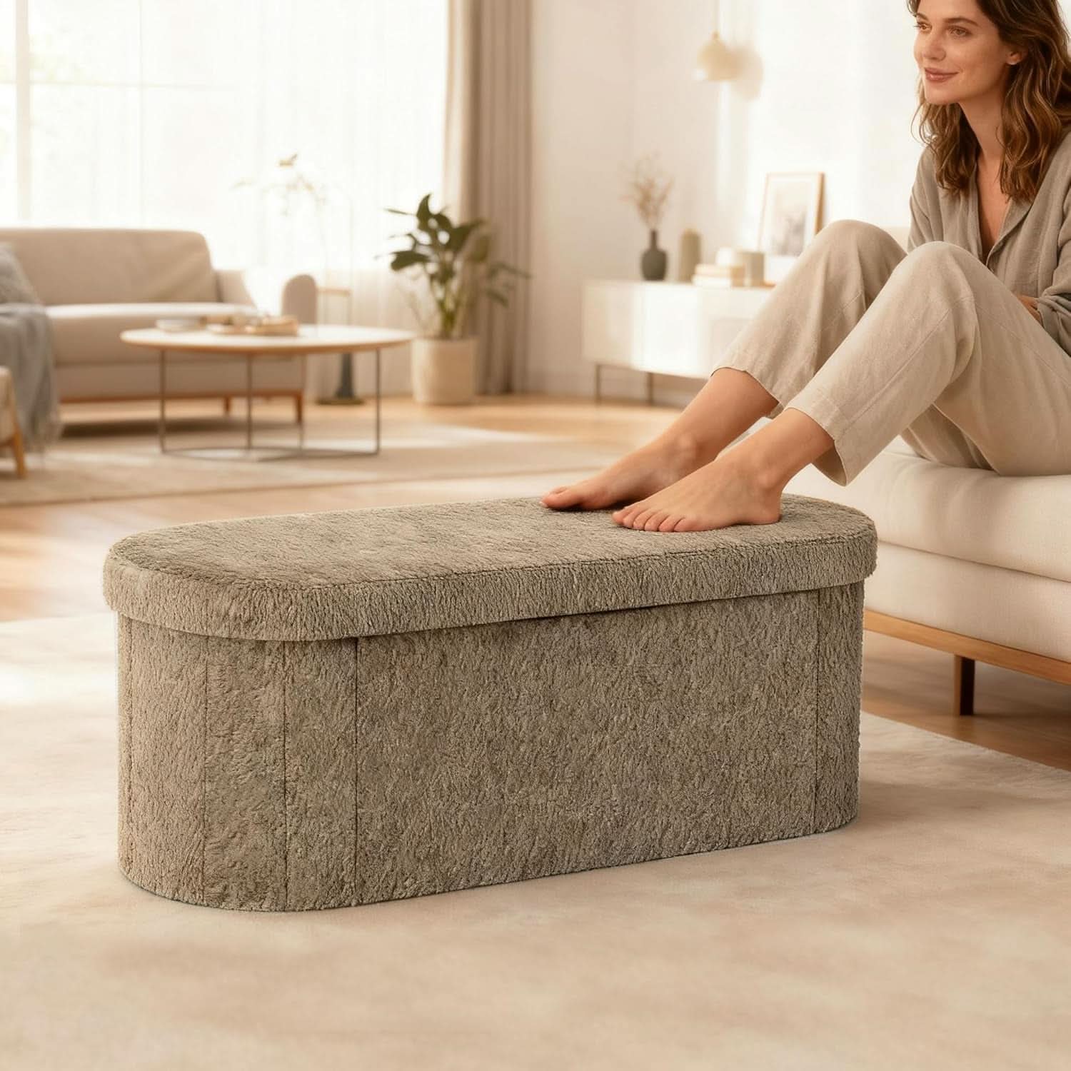 Brown 43 Inch Folding Storage Ottoman Sherpa Fabric