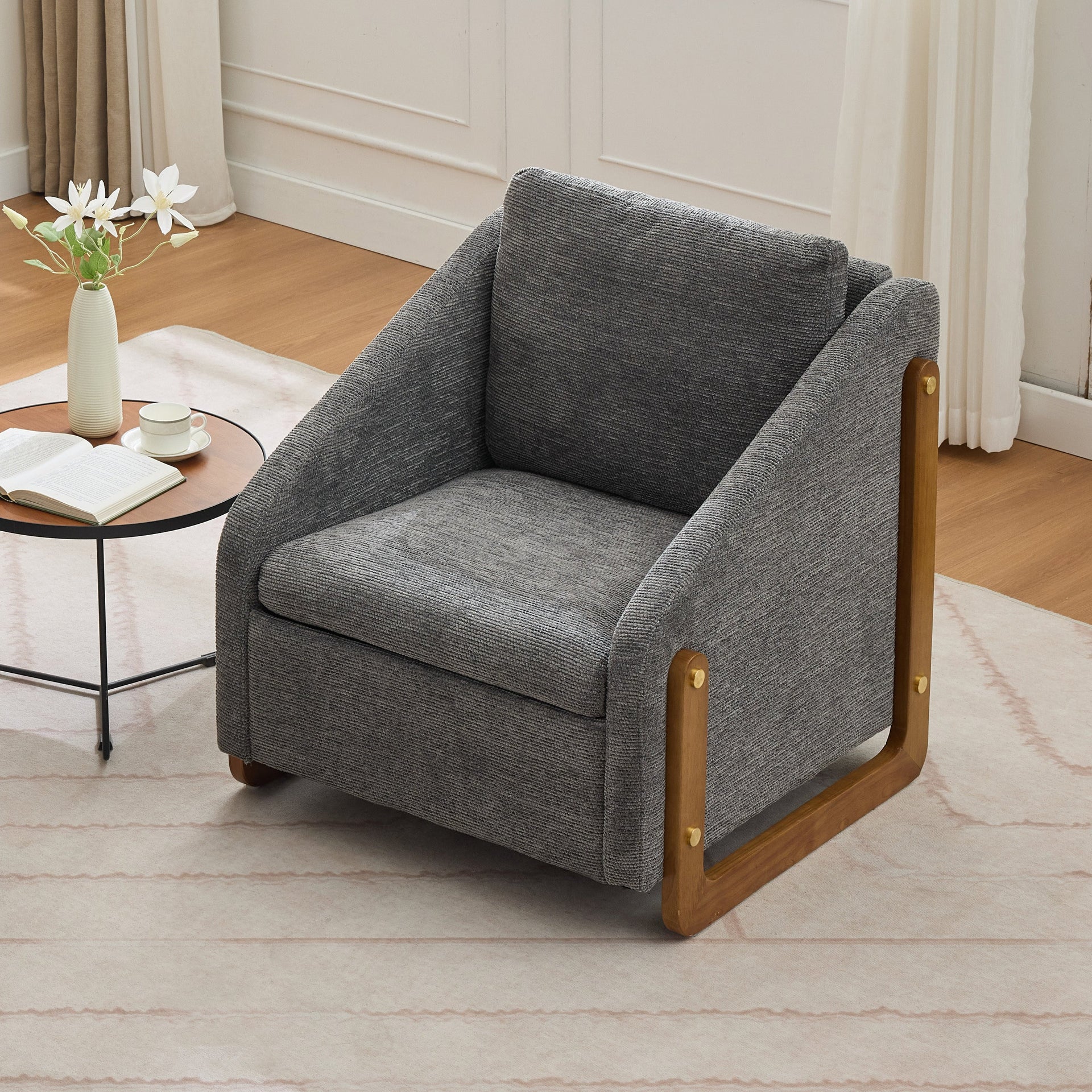 Modern Chenille Upholstered Armchair with Wooden Side Frame in Gray
