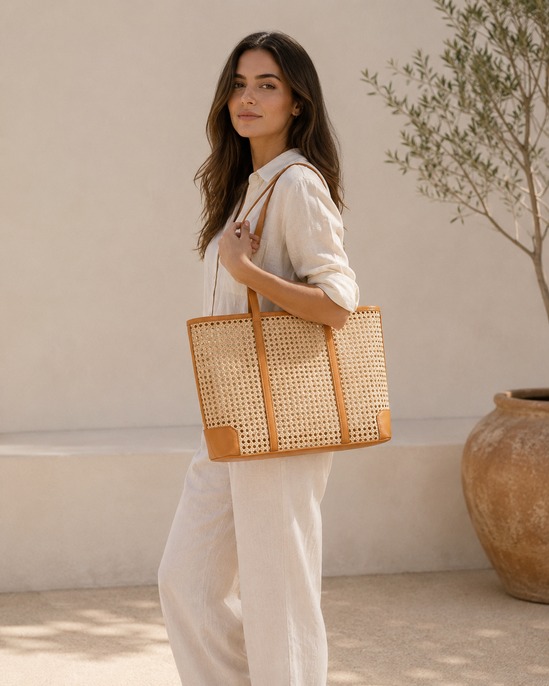 Dian Leather and Rattan Tote Bag