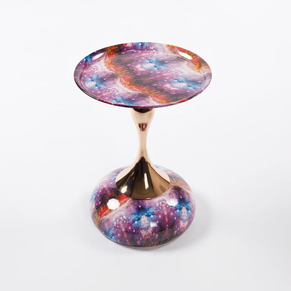 Round side table with cosmic galaxy design and metallic gold stem, Mermaid Tail End Coffee Table for stylish interior decor by Buddify.