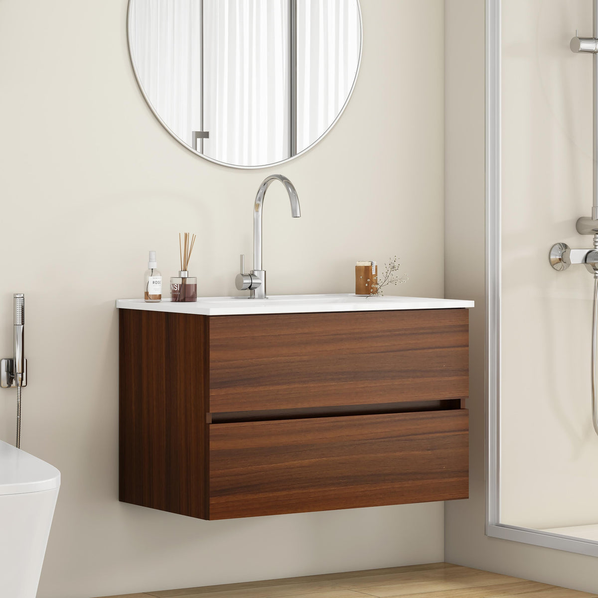 32-Inch Wall-Mounted Bathroom Vanity with Double Drawers