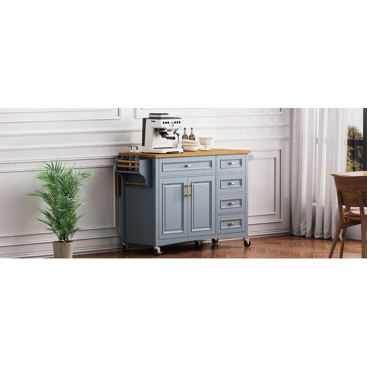 K&K 52'' Kitchen Island with Drop Leaf, Embossed Texture Kitchen Island on Wheels with Spice Rack, Towel Rack, 2 Doors and 5 Drawers, Kitchen Storage Cart with Adjustable Shelf for Kitchen, Blue Grey