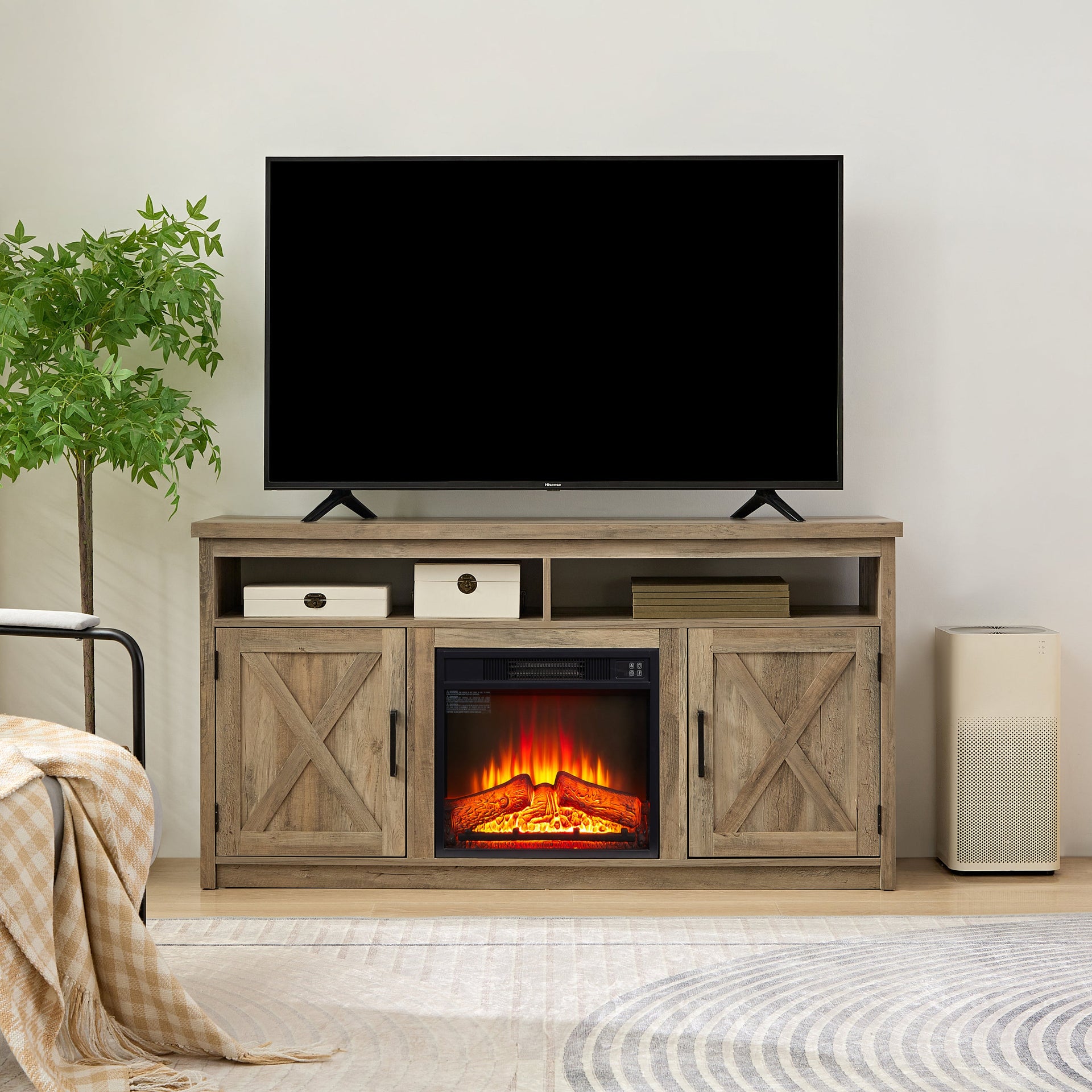 Farmhouse TV Media Stand, Large Barn Inspired Home Entertainment Console, with 18' Fireplace