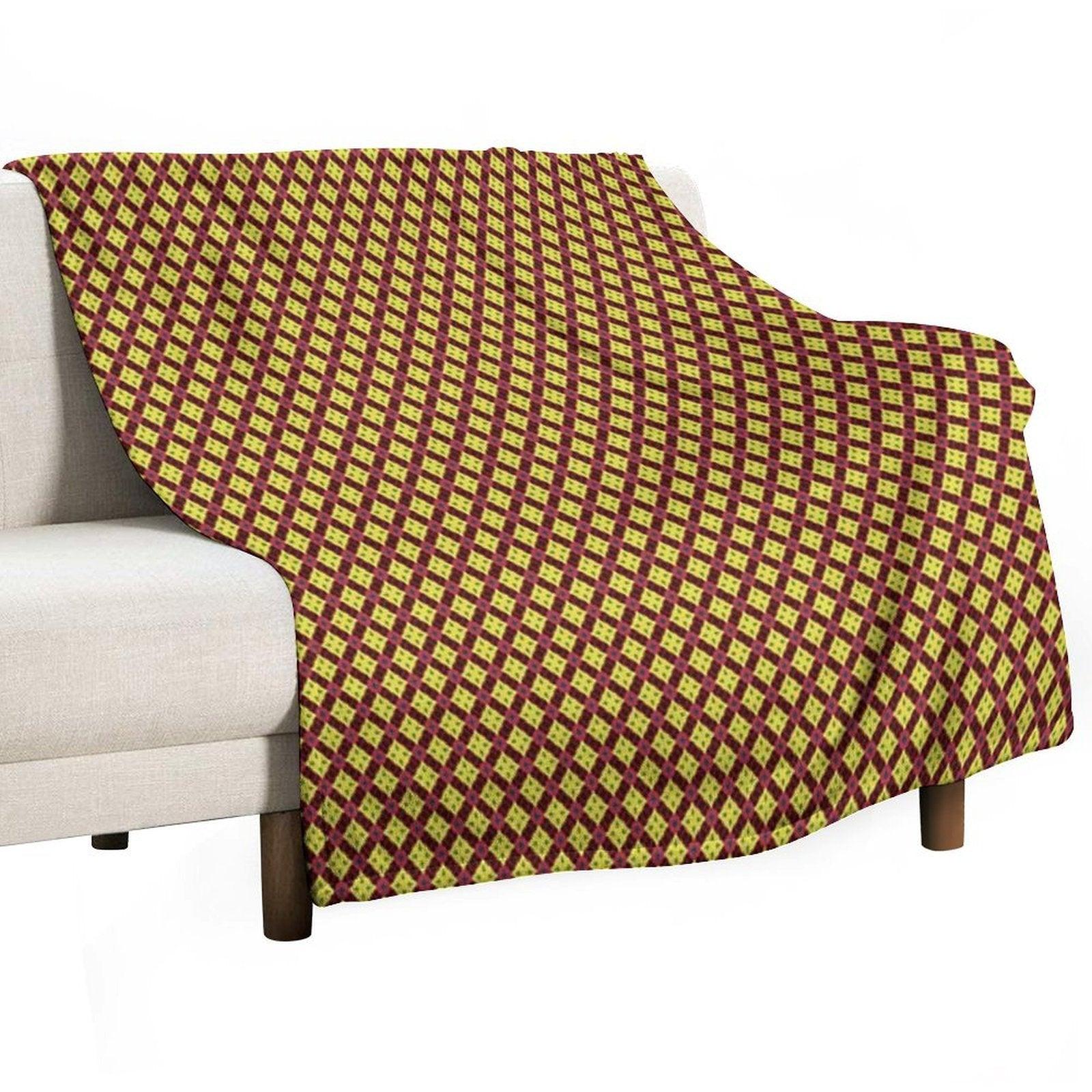 Golden Diamond Medallions Red Flowers Throw Blanket