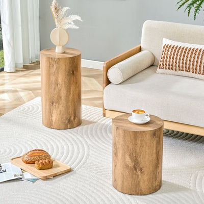 Modern Minimalist Set of Two Wood color Cylinder Coffee Tables