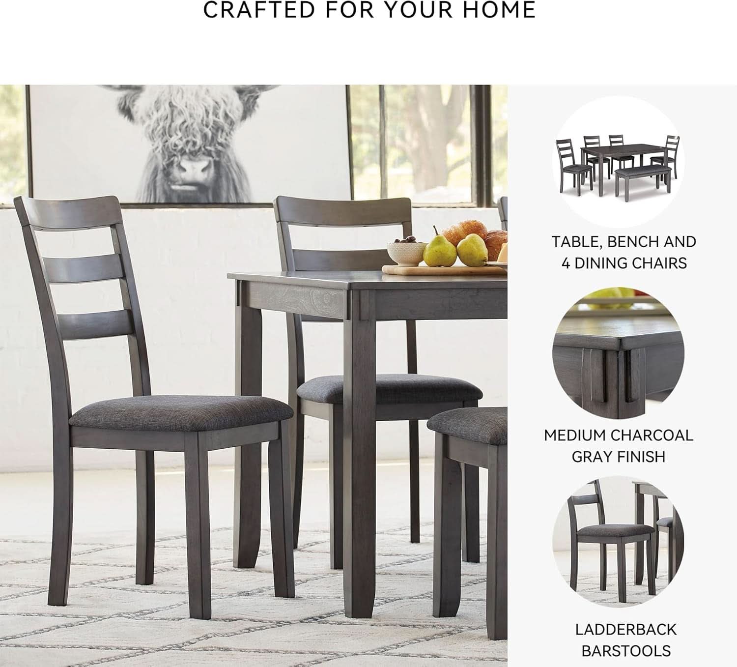 Charcoal Gray 6Piece Contemporary Dining Set Bench