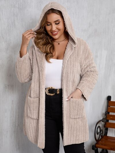 Women Plus Size Hooded Open Front Fuzzy Jacket With Long Sleeves Elegant And Comfortable Jacket