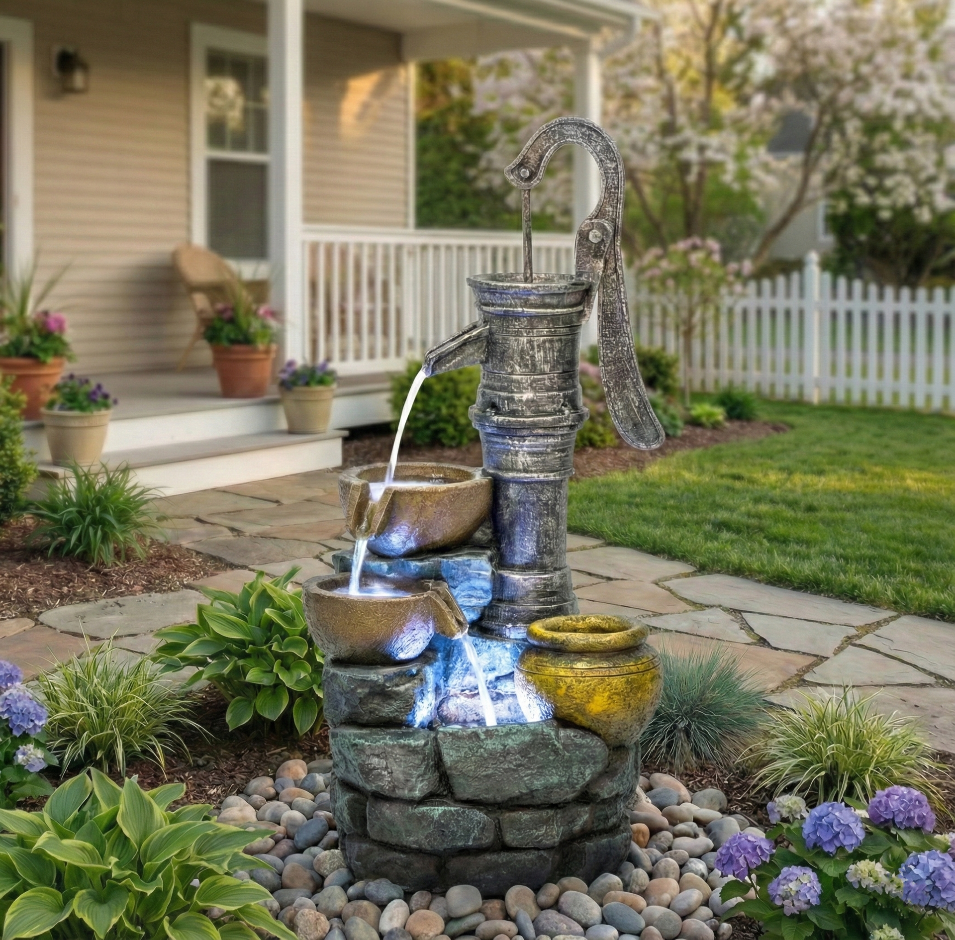 Resin Hand Pump Cascading Outdoor Fountain 32 Inch