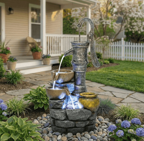 Resin Hand Pump Cascading Outdoor Fountain 32 Inch