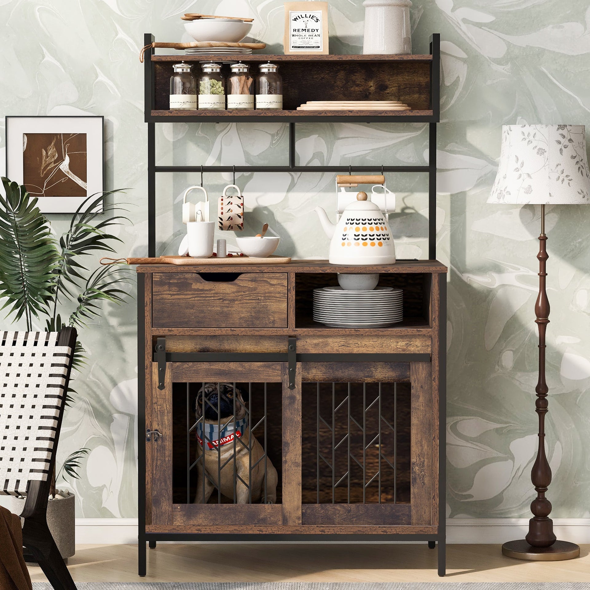 Furniture Style 2 in 1 PET FRIENDLY Dog Crate Composite Desk Hutch in Rustic Brown MDF and Steel