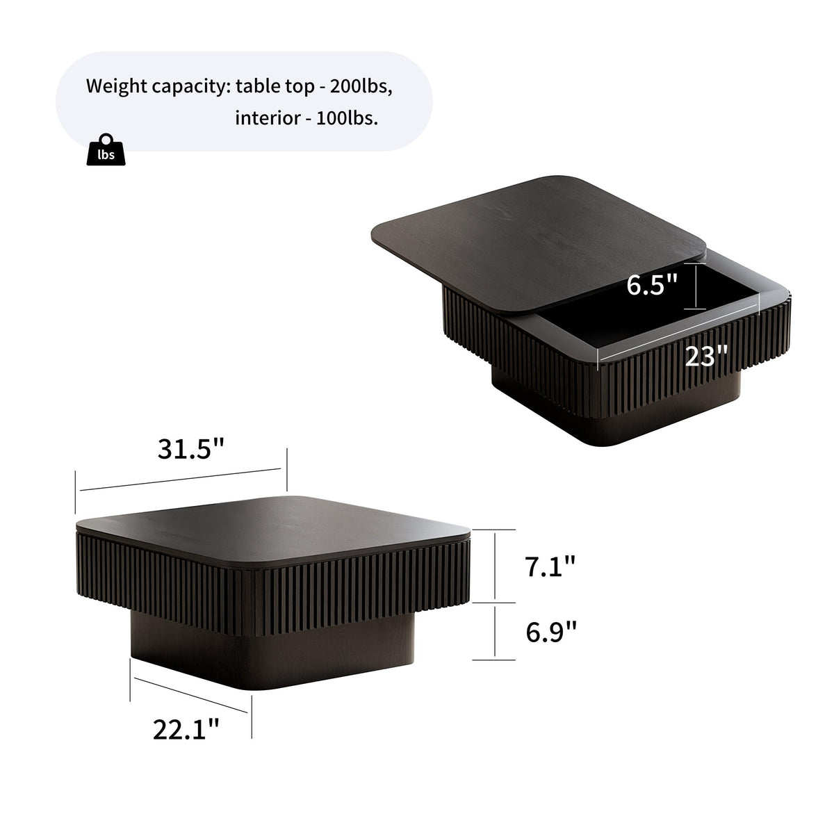 Modern Black Square Coffee Table with Hidden Storage