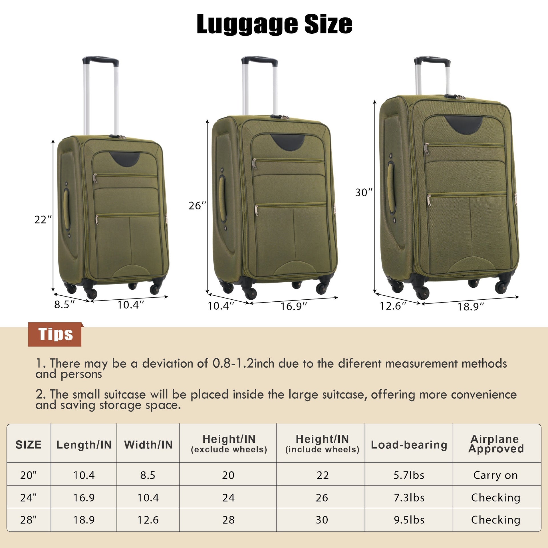 Softside Luggage Expandable 3 Piece Set Suitcase Upright Spinner Softshell Lightweight Luggage Travel Set