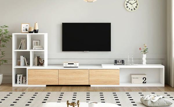 Side view of Buddify Extendable TV Stand with 3 Tier Bookshelves in a modern living room, ideal for compact and elegant storage.