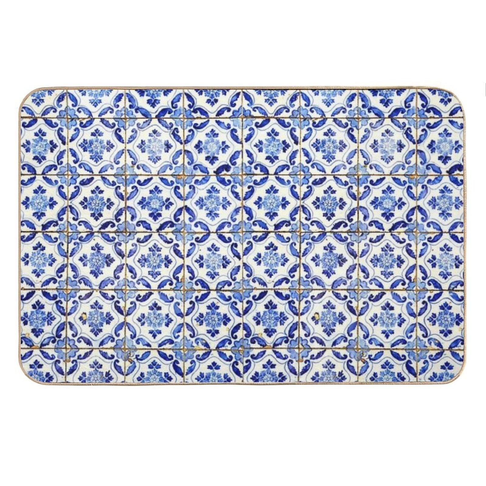 Portuguese Tiles. Blue Flowers And Leaves Bath Mat