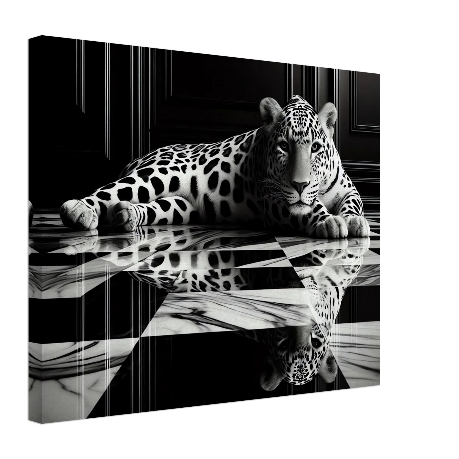 Leopard Canvas Art Print – Striking Design on Black & White Checkered Marble Floor