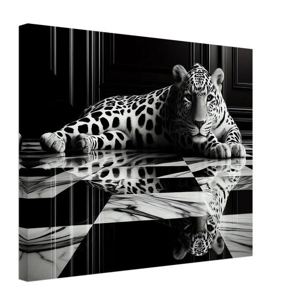 Leopard Canvas Art Print – Striking Design on Black & White Checkered Marble Floor