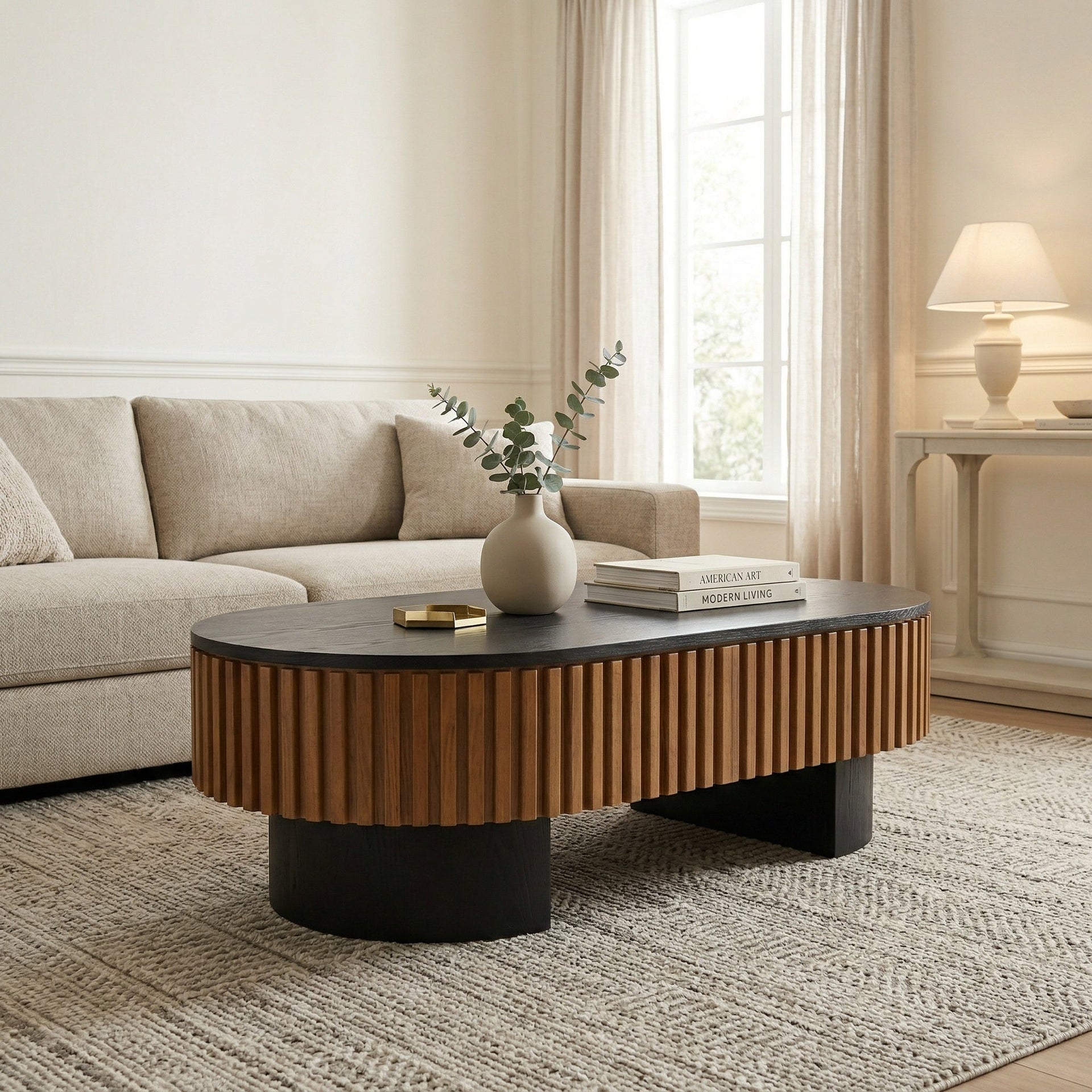 French Inspired Elliptical Living Room Coffee Table with Hidden Storage