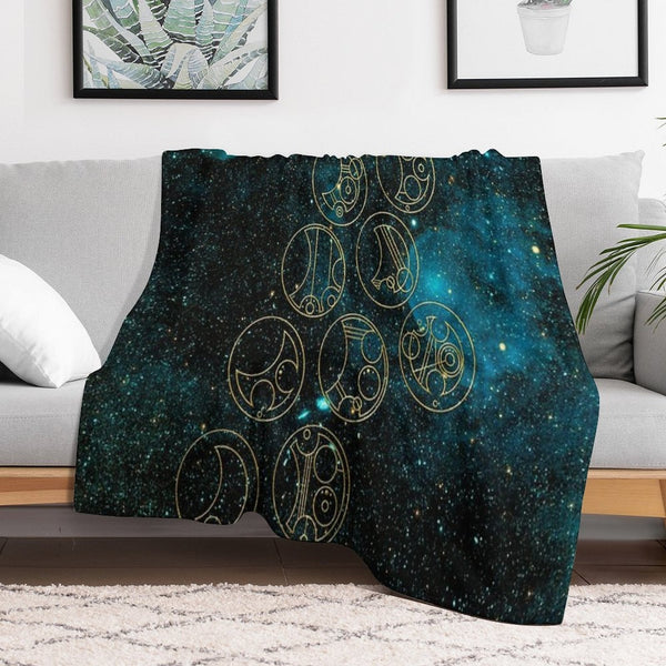 Time Lord Words in Gold on Teal Stellar Background Wrinkle-free Throw Blanket