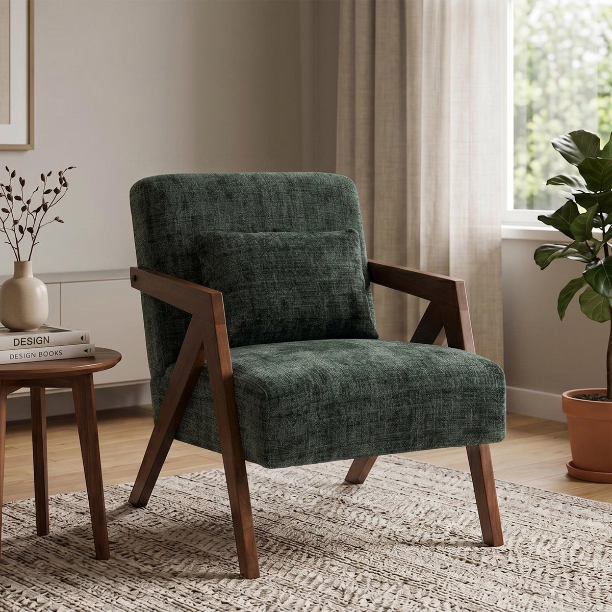 Mid-Century Modern Dark Green Chenille Accent Chair