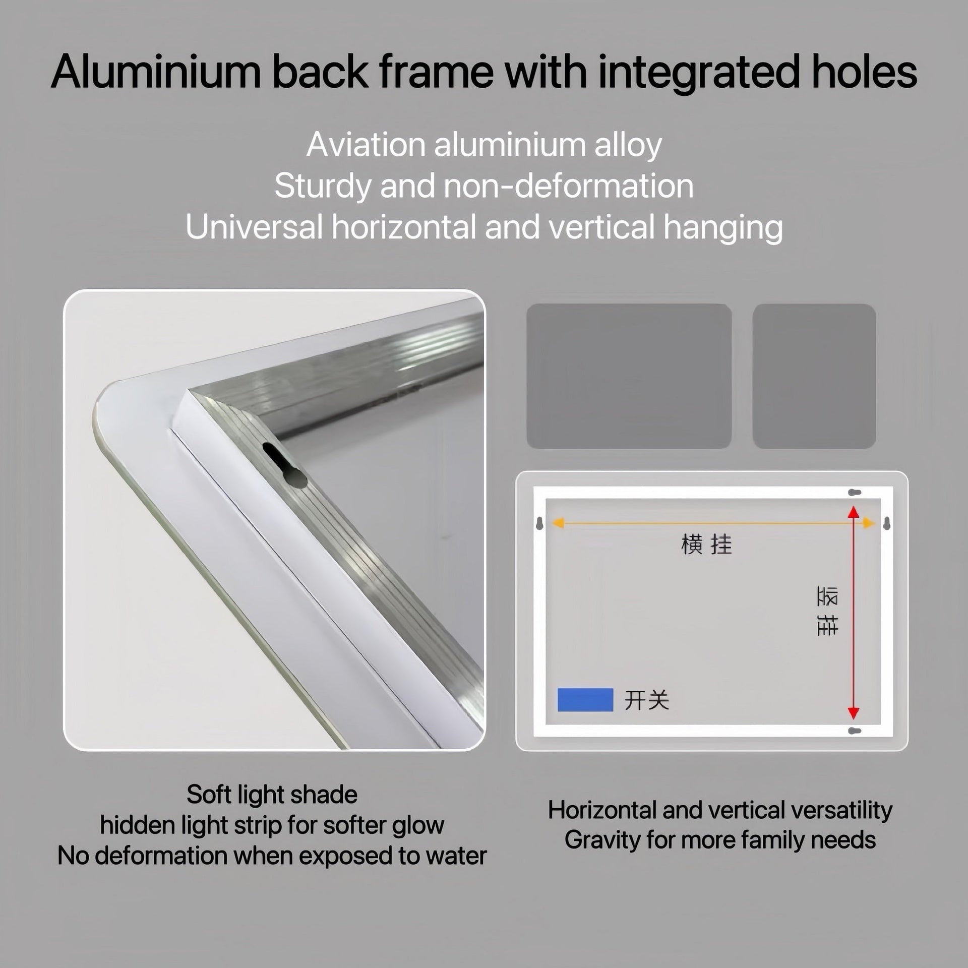 40*24 Inch LED Bathroom Mirror Vanity Mirrors with Front Lights Wall Mounted Anti-Fog Frameless Make Up Mirror with Light 5 mm Copper-Free Silver Mirror Horizontal or Vertical