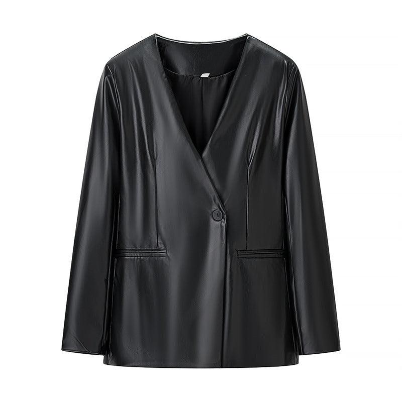 Women's Long-sleeved V-neck Leather Jacket