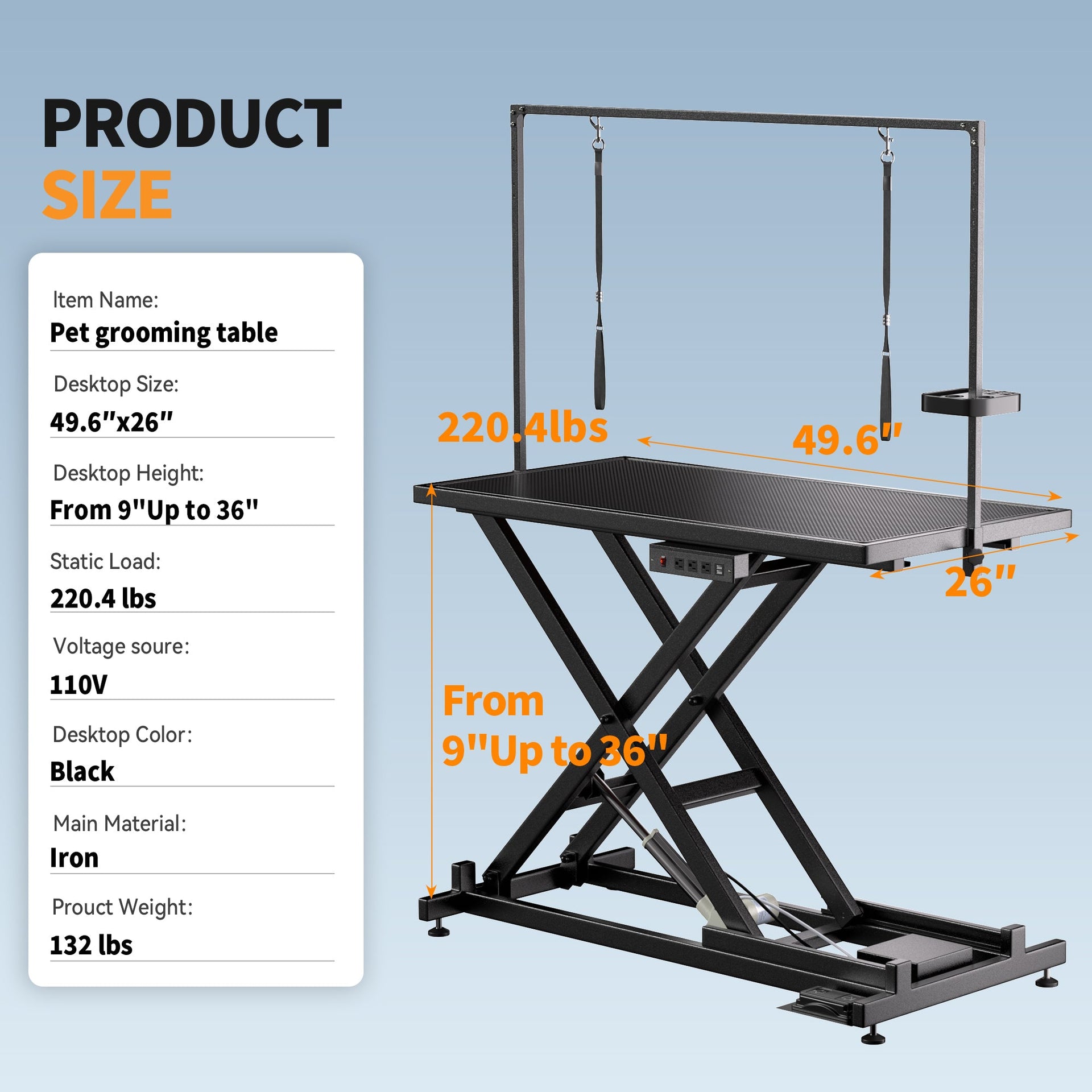 Professional Electric Dog Grooming Table - Heavy Duty, Height Adjustable Pet Grooming Table w/Leveling Wheels, Dog Grooming Arm, Anti Slip Tabletop & Tool Organizer/Dog Grooming Station (50', BLACK)