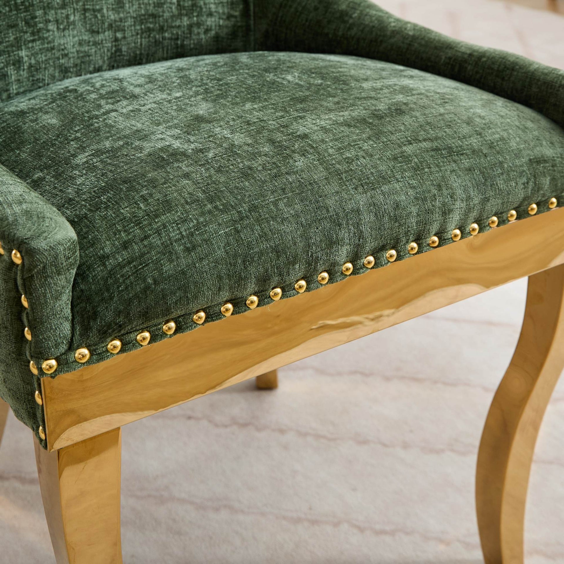 Chenille Dining Chairs Modern Style with Curved Gold-Plated Legs & Rivet Trim