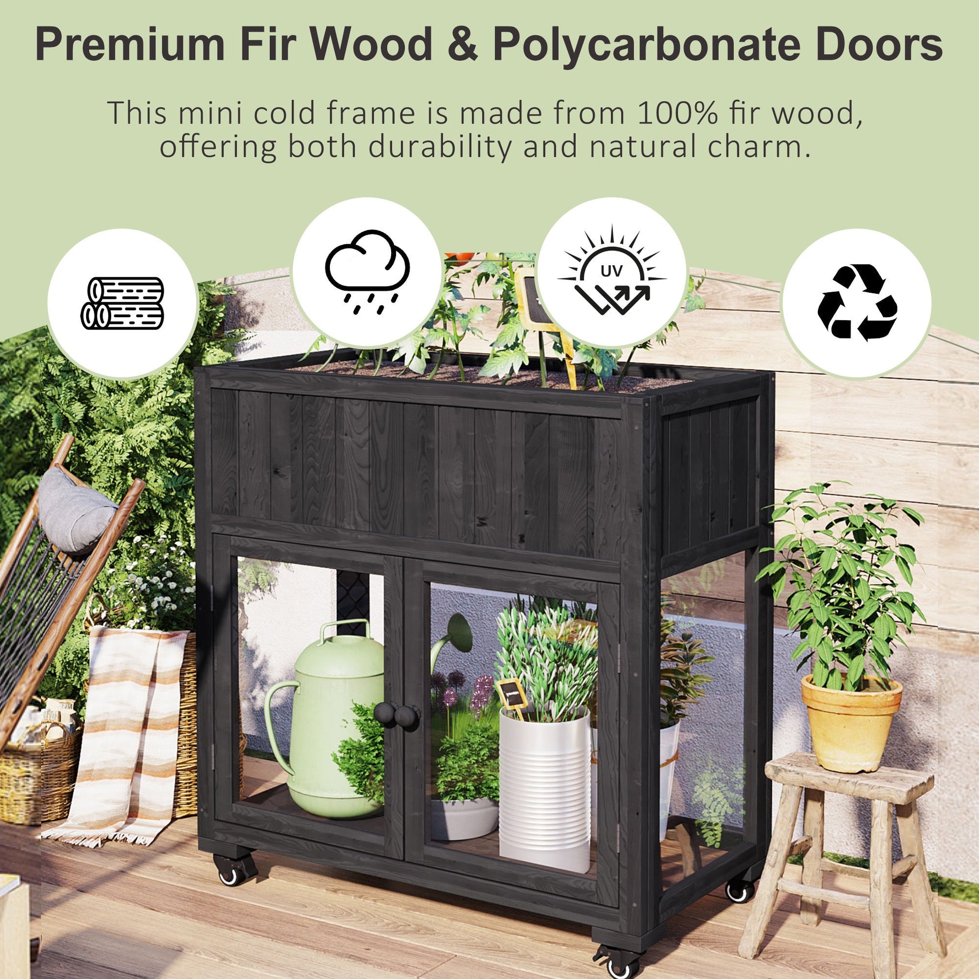 Patio 35.4''x17.7''x37.4'' Mini Wood Cold Frame, Compact 2 Doors Garden Greenhouse with Wheels, Raised Bed with Liner for Indoor Outdoor Use, Black