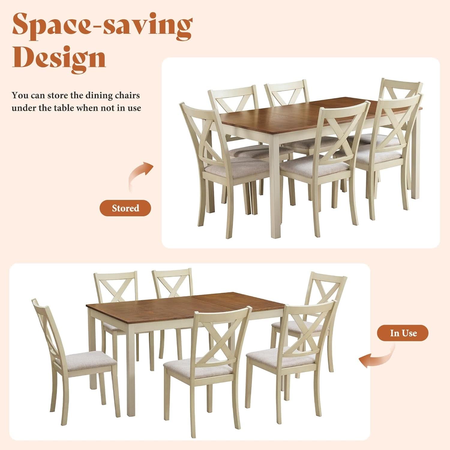 Farmhouse Handcrafted SolidWood Dining Table Set Cream