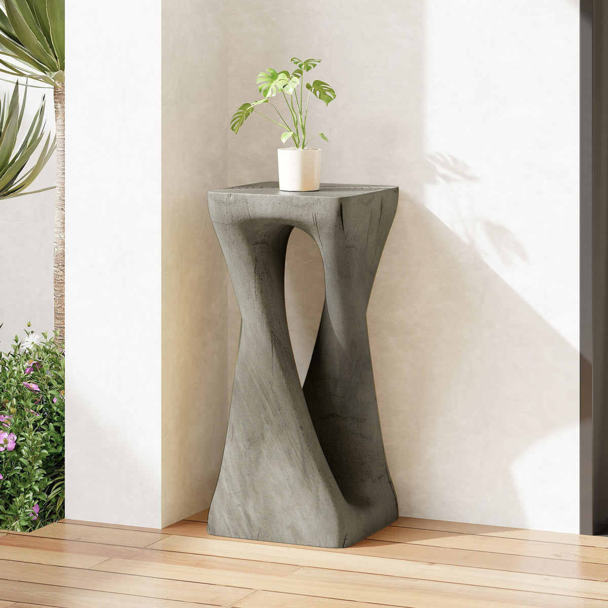 Twist Shape End Table in Wood Like Texture and Gray  Color
