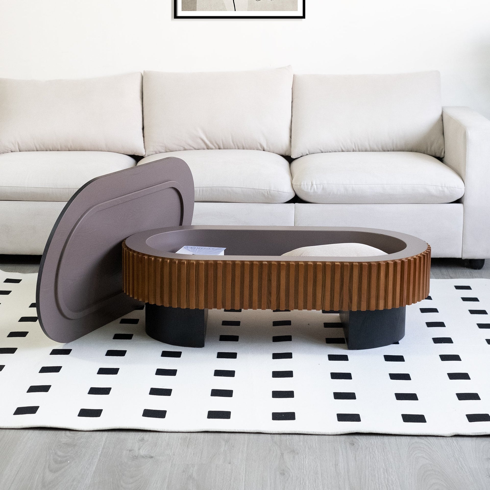 French Inspired Elliptical Living Room Coffee Table with Hidden Storage