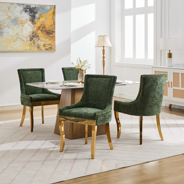 Chenille Dining Chairs Modern Style with Curved Gold-Plated Legs & Rivet Trim