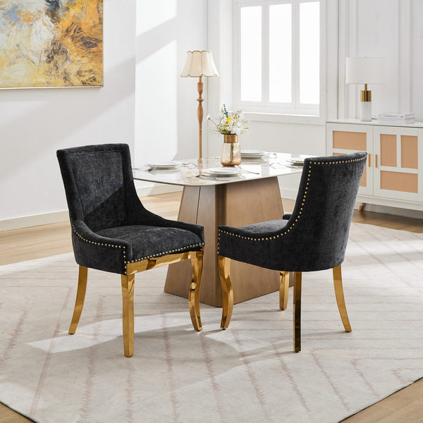 Chenille Dining Chairs Modern Style with Curved Gold-Plated Legs & Rivet Trim