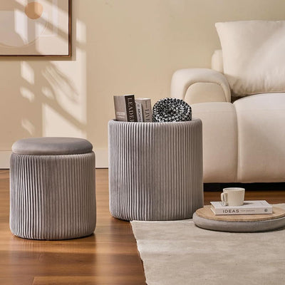 Round Velvet Storage Ottoman Collection Light Grey