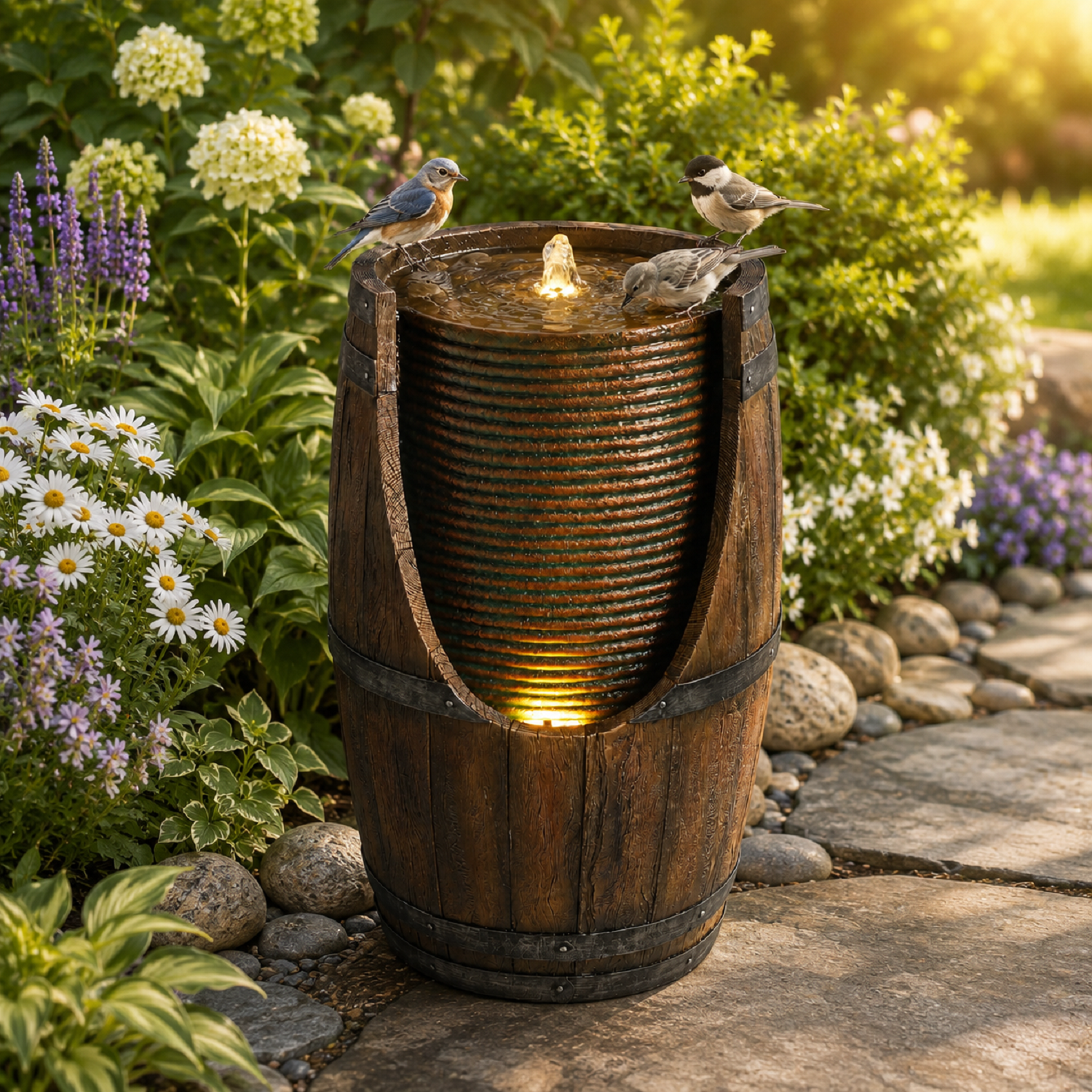 Resin Rustic Barrel Outdoor Water Fountain 24 Inch LED