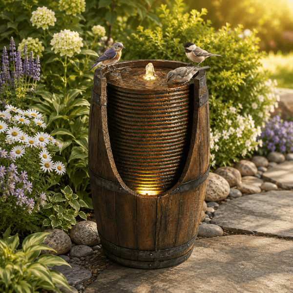 Resin Rustic Barrel Outdoor Water Fountain 24 Inch LED