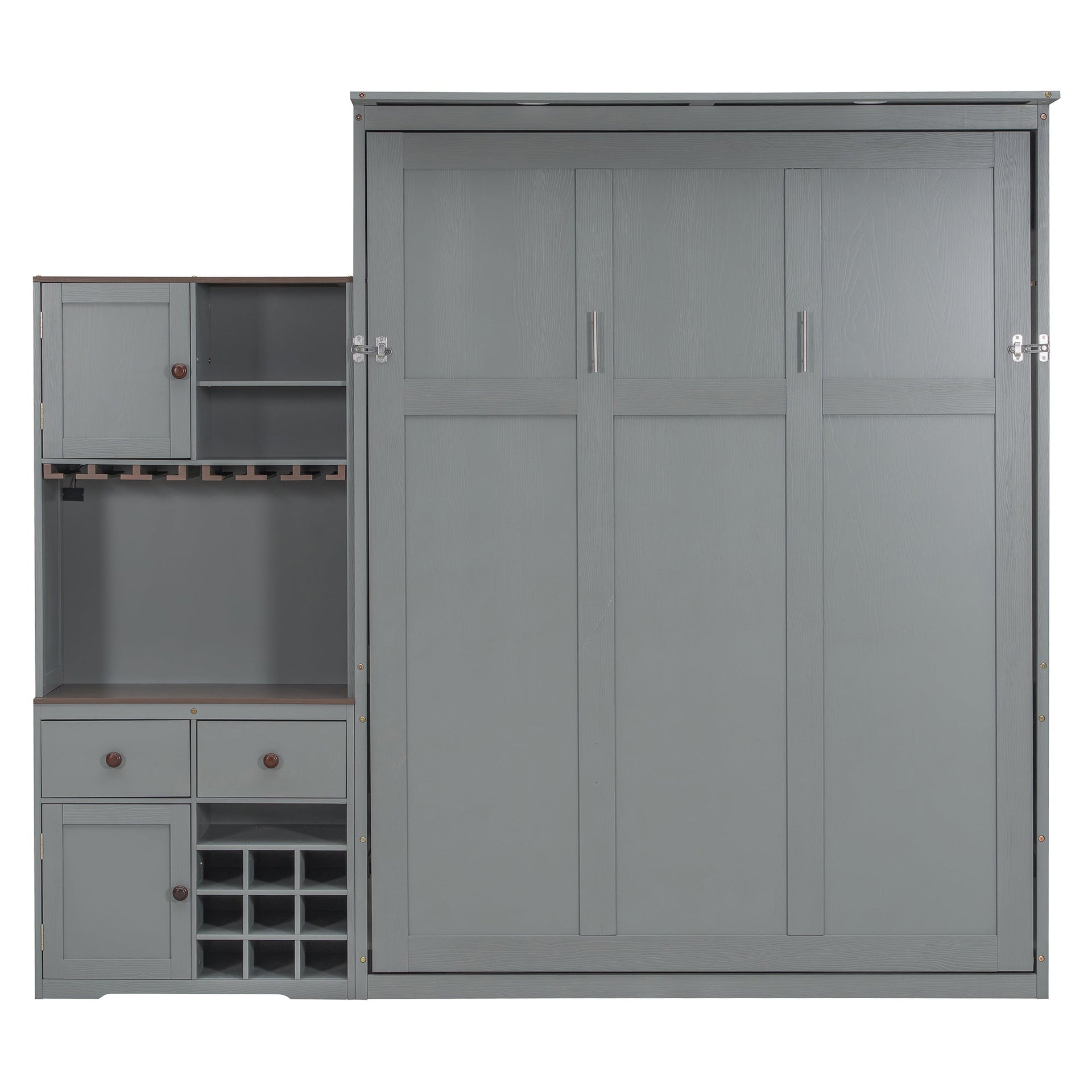 Murphy Bed with Storage Cabinet, Wine Rack, Glass Holder, Drawers & Multi-Color LED Strip