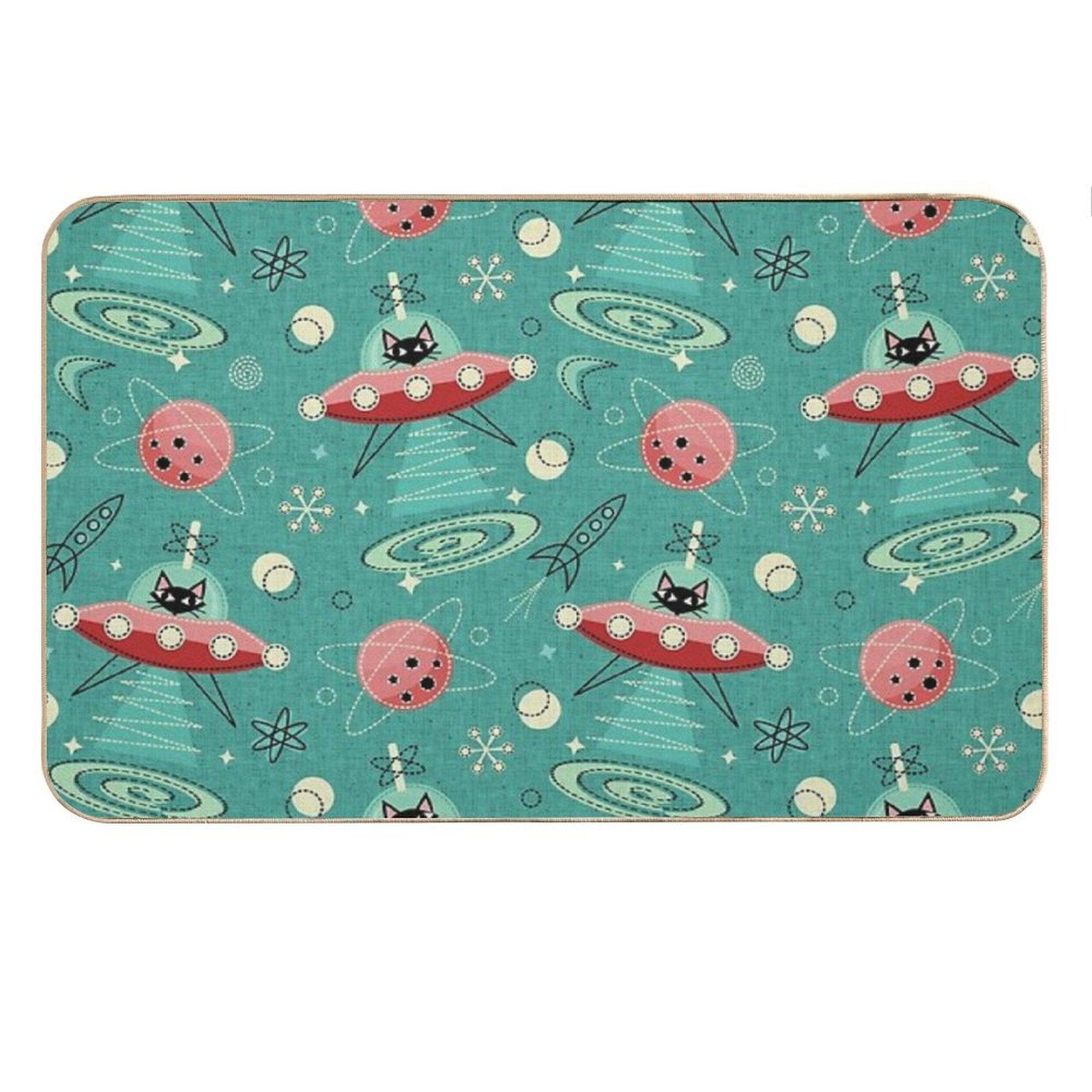 My Kitty Drives A UFO  Atomic Space Cat ©studioxtine Bath Mat