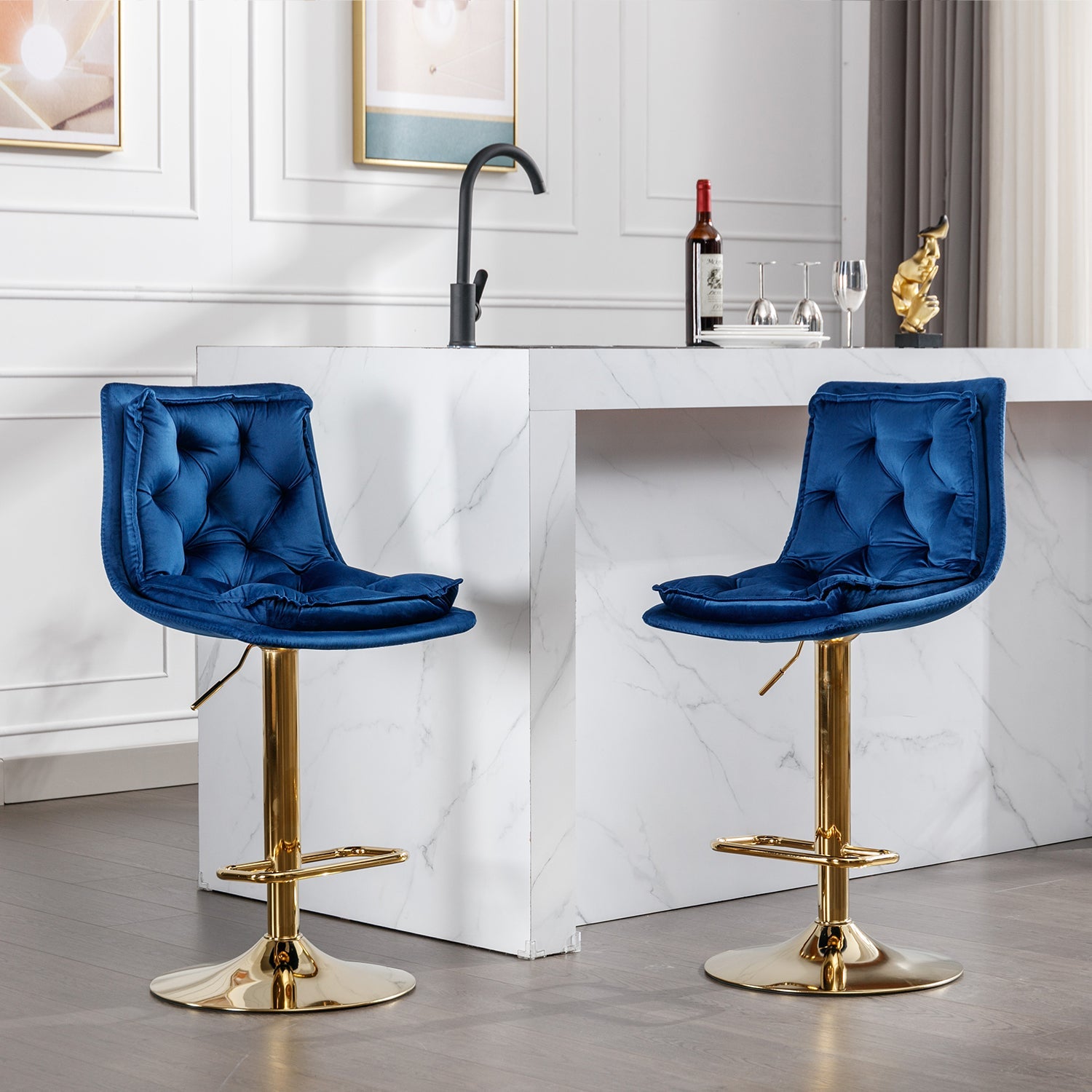 Set of 2 Bar Stools — Chrome Footrest, Swivel Height-Adjustable Velvet Seat, Golden Legs