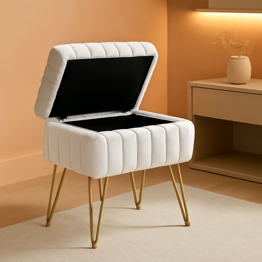 White Faux-Fur Vanity Stool With Premium-Grade Stowable-Storage