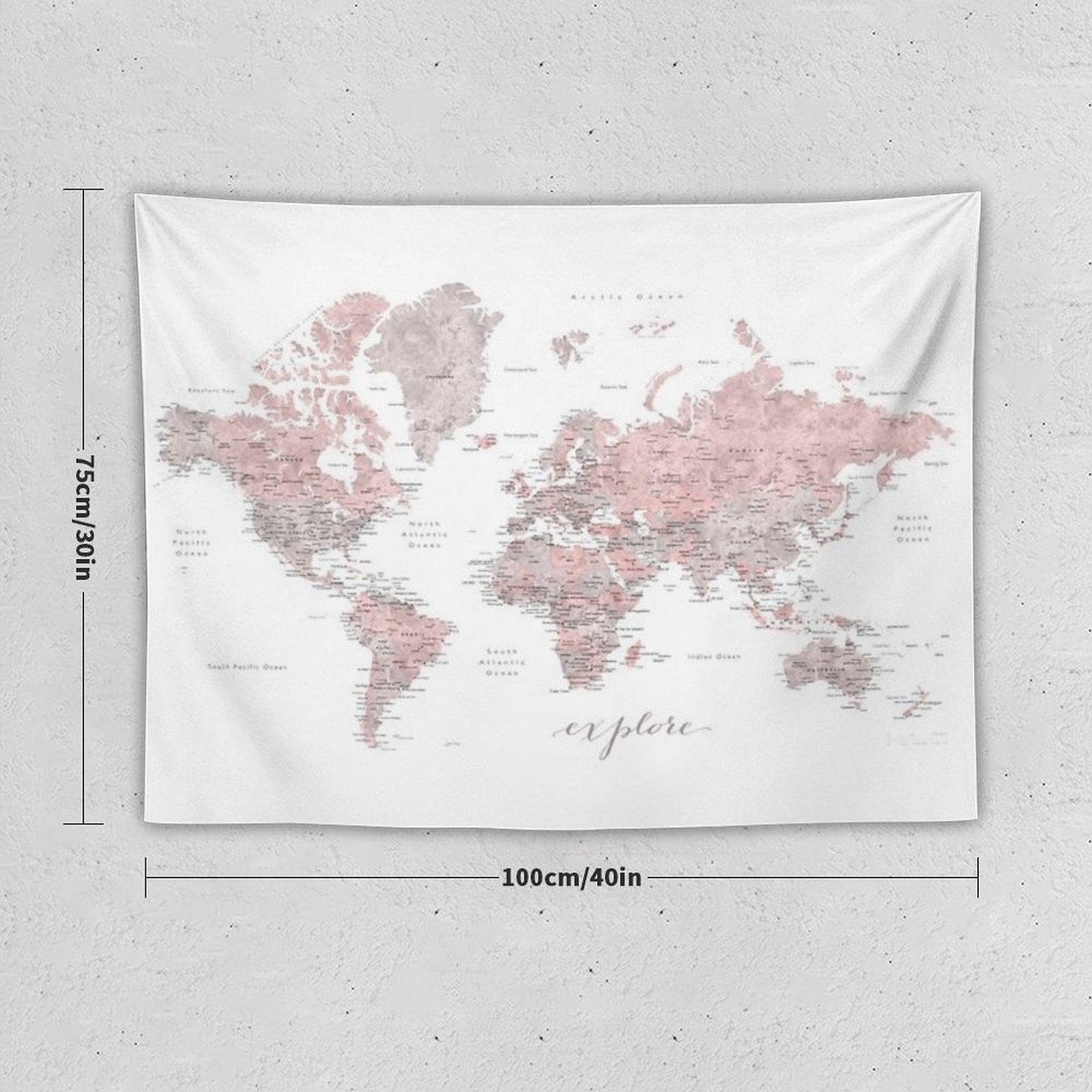 Explore - Dusty Pink And Grey Watercolor World Map, Detailed Tapestry