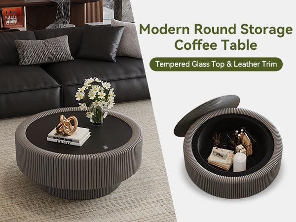 Modern Round Coffee Table with Tempered Glass, Storage – Fluted Leather Design