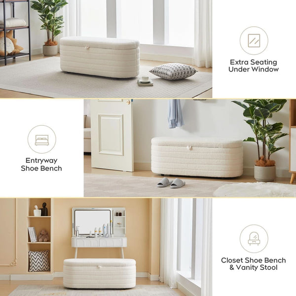 45 Inch Storage Ottoman Bench Boucle Upholstery Fabric