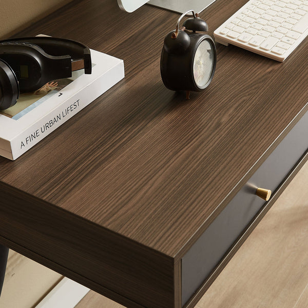 Mid Century Desk , Modern Writing Study Desk with Drawers, Multifunctional Home Office Computer Desk Walnut+Dark Grey