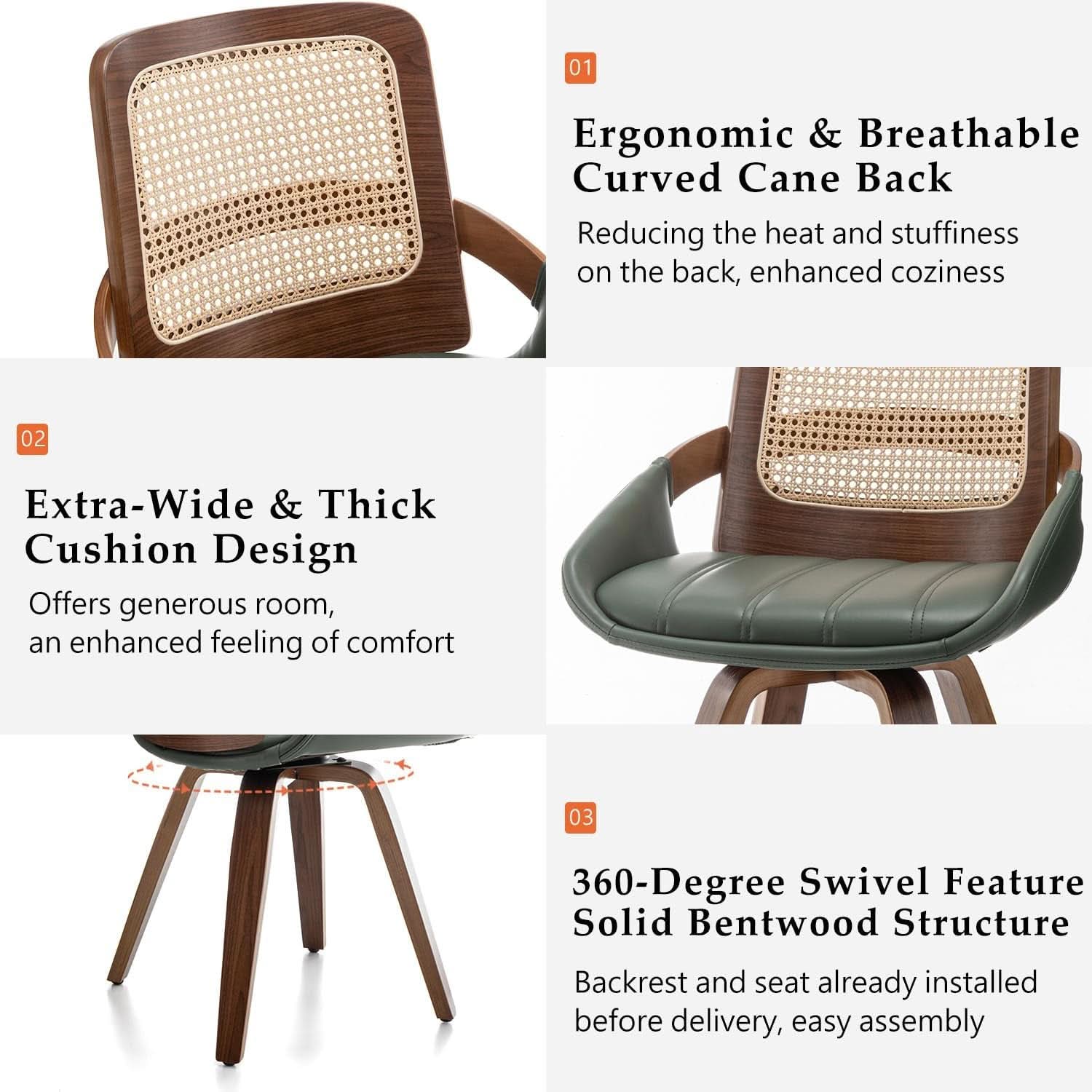 Set Midcentury Green Rattan Bentwood Dining Chairs