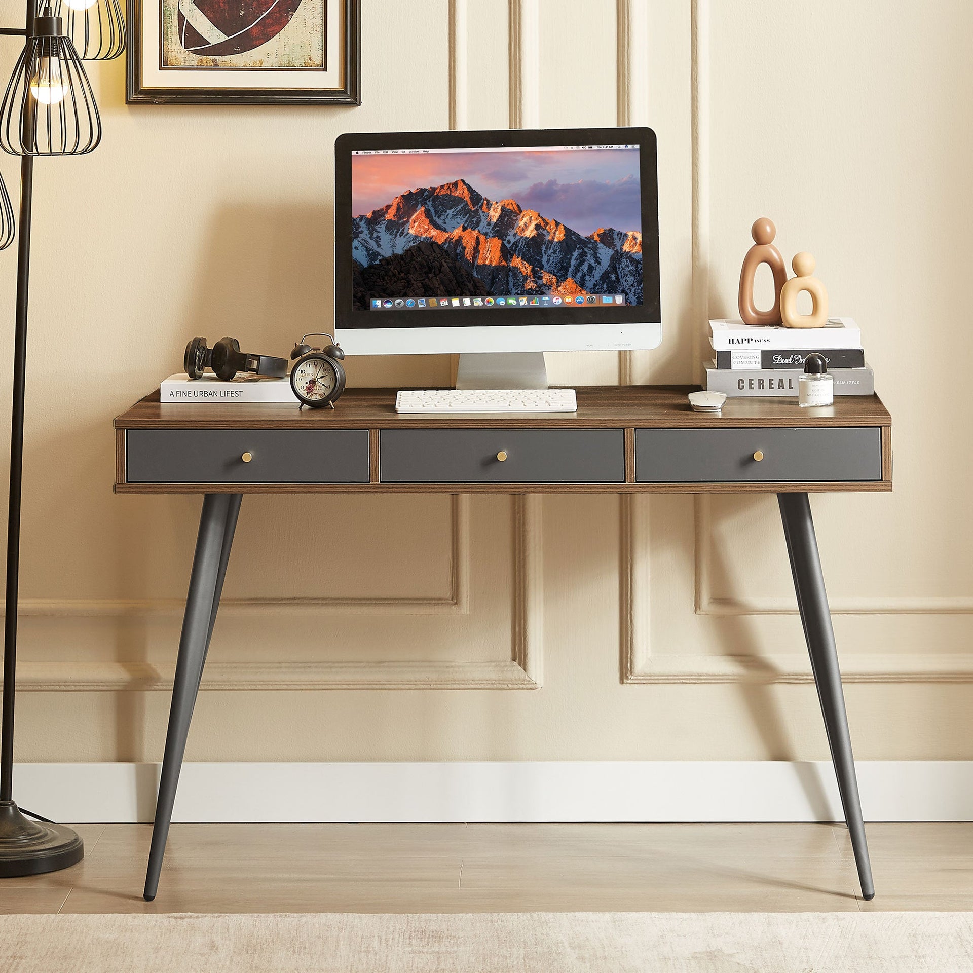Mid Century Desk , Modern Writing Study Desk with Drawers, Multifunctional Home Office Computer Desk Walnut+Dark Grey