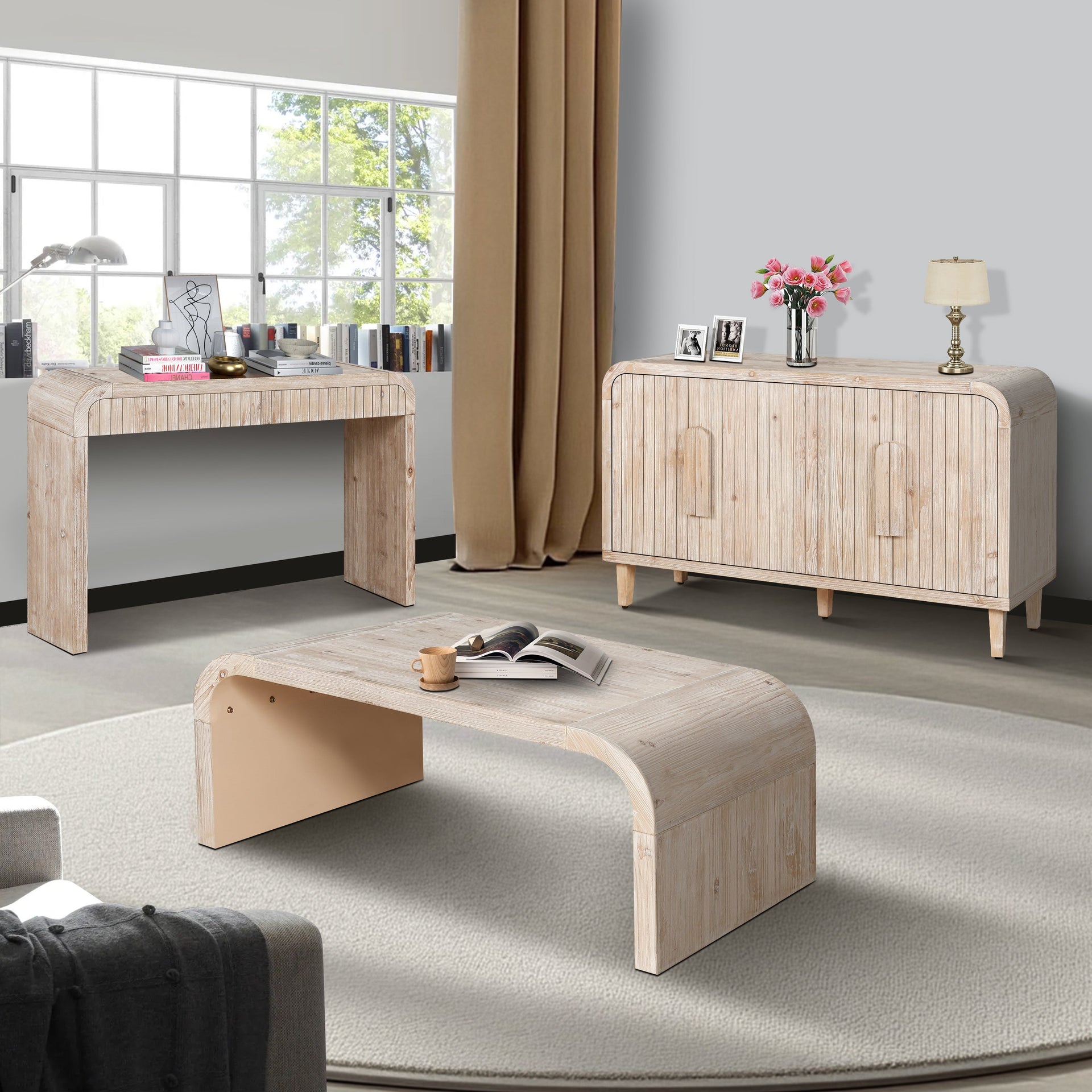 Farmhouse Vintage Crafts Coffee Table,Curved Art Deco Design, Easy Assembly, 48' W x 24' D x 18'(Natural Wood Washed)